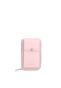 Portafoglio in pelle rosa con texture, chiusura a zip, tasca frontale con patta e hardware color oro. Logo impresso nella parte inferiore.