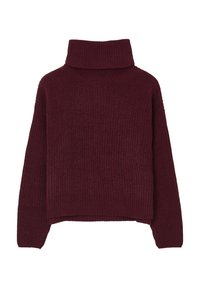 Burgunderfarbener gestrickter Rollkragenpullover mit gerippter Textur, überschnittenen Schultern und einem lockeren Schnitt. Der Saum ist leicht verkürzt.