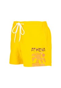 Shorts de bain jaunes avec un cordon blanc, présentant un design graphique avec le mot "ATHENA" et une silhouette de palmier dans une teinte plus claire.