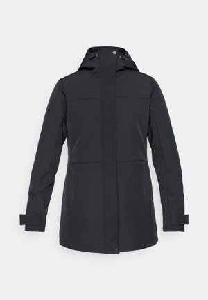 Zwarte waterdichte jas met capuchon, met twee voorzakken, een rechte snit en verstelbare polsmanchetten. Gladde, matte textuur.