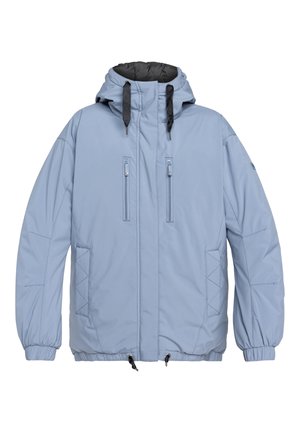 Veste isolante bleu clair avec capuche, deux poches poitrine zippées, poignets élastiques, ourlet ajustable et détails en motif losange sur les côtés.
