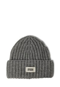 Bonnet en tricot gris avec une texture côtelée, doté d'un revers plié et d'une petite étiquette avec le texte « JRYKORN » cousue dessus.