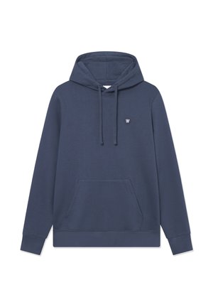 Tummansininen huppari, jossa on säädettävät nyörit, kenguru-tasku ja pieni logo vasemmassa rinnassa. Sileä pinta, puuvillasekoitemateriaali.