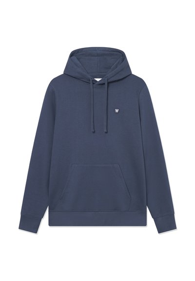 Haut à capuche bleu marine avec cordons de serrage réglables, poche kangourou et un petit logo sur la poitrine gauche. Texture lisse, matière en mélange de coton.