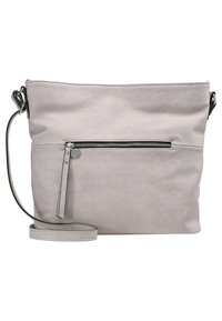 Grå läder crossbody-väska med en dragkedjeförsedd framficka, slät textur, justerbar rem och minimalistisk design.