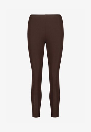 leggings marroni elasticizzati con una texture liscia, dotati di una vita alta e di un design a gamba affusolata, adatti per l'abbigliamento attivo o casual.