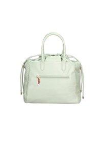 Borsa a mano verde chiaro realizzata in materiale morbido, con due manici arrotondati, una parte superiore arricciata, dettagli intrecciati e una tasca posteriore con zip.