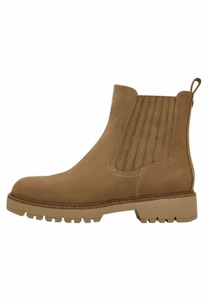 Brauner Wildleder-Ankle-Boot mit elastischen Seitenpaneelen, strukturierten Akzenten, einer abgerundeten Zehe und einer robusten Gummisohle mit Profil für besseren Halt.