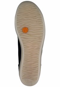 Suola di scarpa nera con motivo ondulato beige, con un logo circolare arancione al centro e taglia '37' stampata sul bordo superiore.