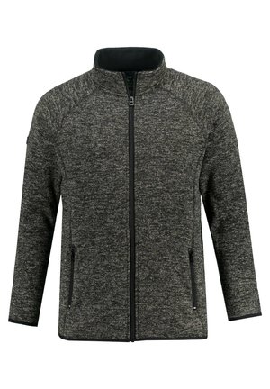 Chaqueta de forro polar negra y gris con un alto cuello, cremallera frontal, dos bolsillos laterales y un ribete negro en contraste en los puños y el dobladillo.