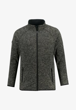 Sort og grå fleecejakke med høj krave, frontlynlås, to sidelommer og kontrasterende sort kant på ærmer og kant.