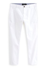 Chinos bianchi in cotone con design a gamba dritta, dotati di due tasche frontali, chiusura con bottone e un dettaglio contrastante nella cintura interna.