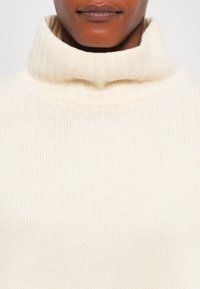 Zbliżenie na osobę noszącą sweter z golfem w odcieniu kremowym, pokazujące szyję i dolną część twarzy.