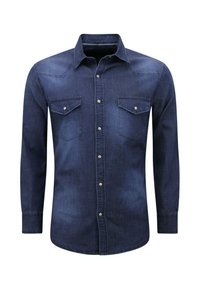 Donker denim overhemd met lange mouwen, twee borstzakken en zilveren drukknopen. Heeft een klassieke kraag en een rechte snit.