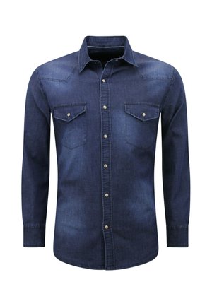 Donker denim overhemd met lange mouwen, twee borstzakken en zilveren drukknopen. Heeft een klassieke kraag en een rechte snit.