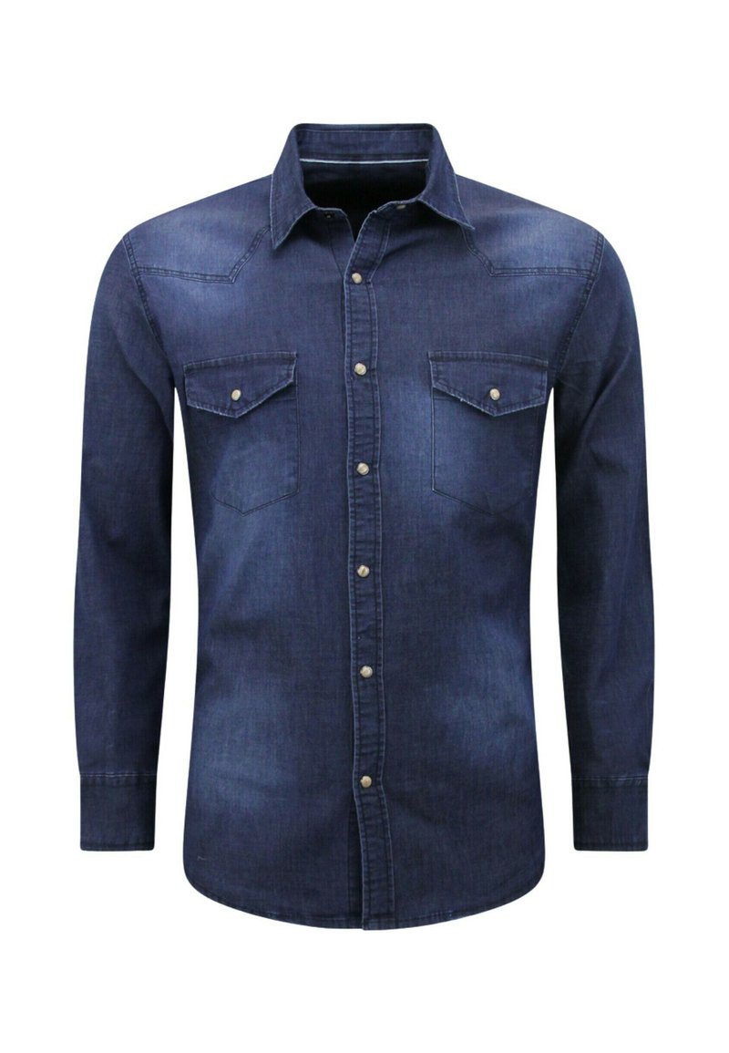 Donker denim overhemd met lange mouwen, twee borstzakken en zilveren drukknopen. Heeft een klassieke kraag en een rechte snit.