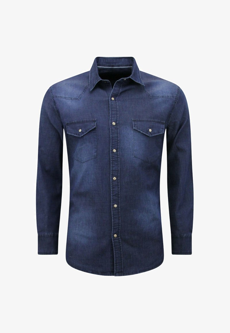 Donker denim overhemd met lange mouwen, twee borstzakken en zilveren drukknopen. Heeft een klassieke kraag en een rechte snit.