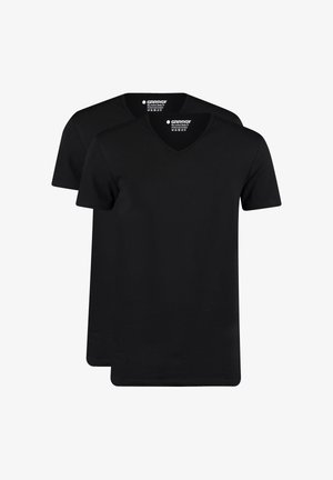 Zwarte v-hals t-shirts van een katoenmix. Voorzien van korte mouwen, een gladde textuur en een klassieke pasvorm. Set van twee.