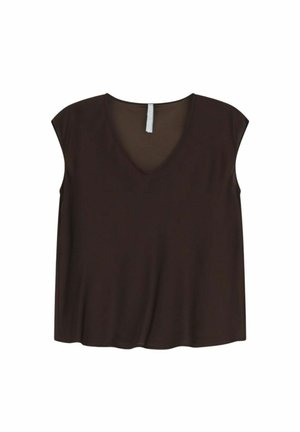 Maglietta marrone a maniche corte con scollatura a V e vestibilità ampia, realizzata in un tessuto morbido e liscio. Presenta una leggera lucentezza e un orlo arrotondato.