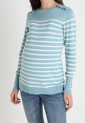 Ein langärmliger, hellblau gestreifter Pullover mit weißen Streifen, der Knopfakkzente an der Schulter und einen figurbetonten Saum hat.