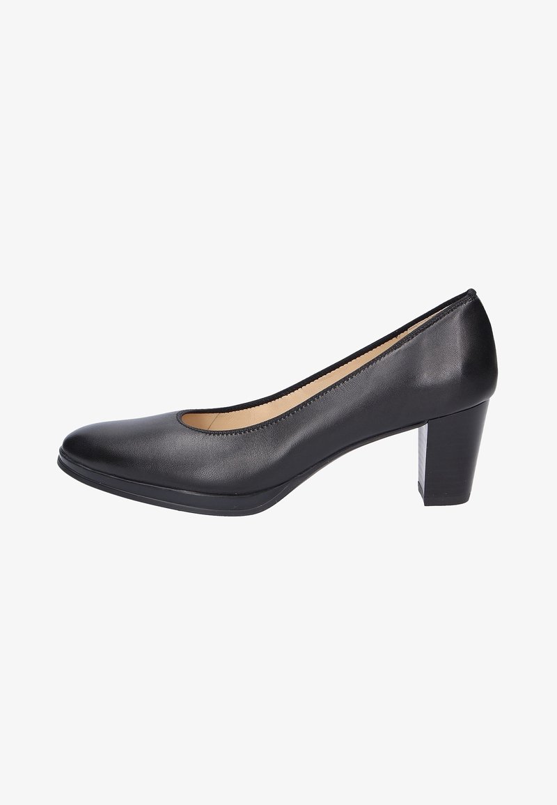 Escarpin pour femme en cuir noir avec bout arrondi, petit talon carré et doublure intérieure beige, présenté de profil sur fond blanc.