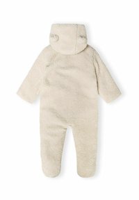 Ljust beige fleecedräkt för baby med huva som har små öron, designad för värme och komfort, visad bakifrån.