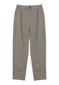 Pantaloni a quadri bianco e nero, con chiusura a bottoni, pence e una vestibilità rilassata con gambe affusolate. Tessuto dalla texture liscia.