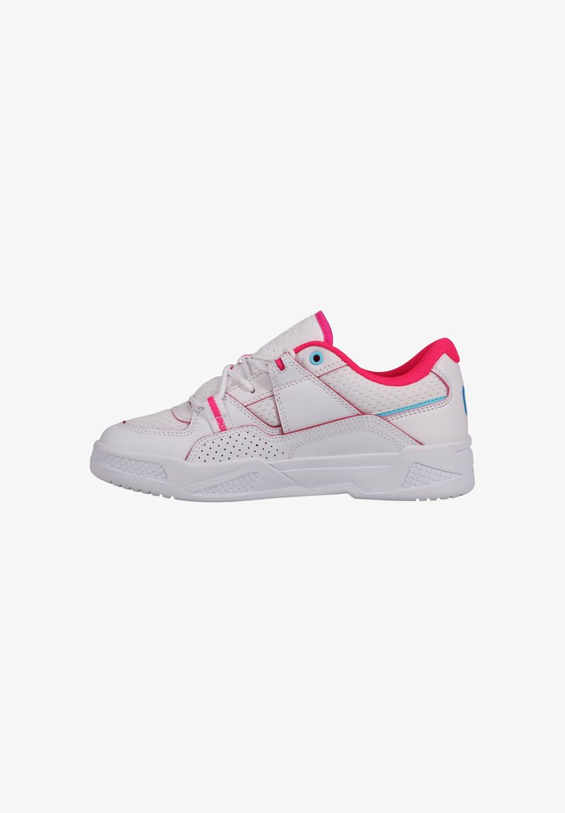 White sneaker with pink accents, textured leather and mesh upper, laced front, perforated side for ventilation, thick rubber sole.