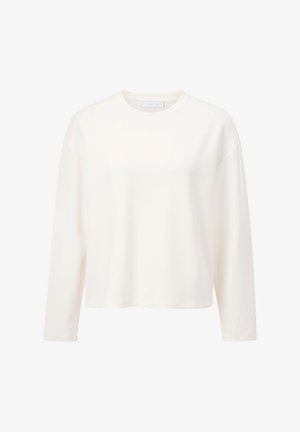 White long-sleeve shirt made of soft fabric, featuring a crew neckline and relaxed fit, with minimal stitching and no visible hardware.