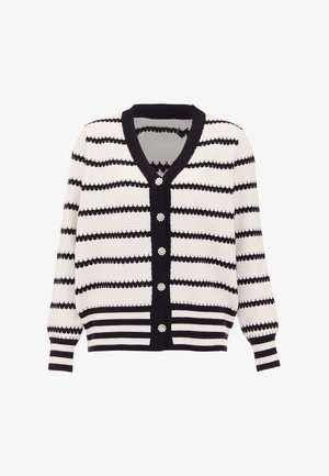 Csíkos kardigán fehér és fekete színben, V-nyakkivágással, hosszú ujjal, texturált kötött anyagból, díszítő elülső gombokkal.