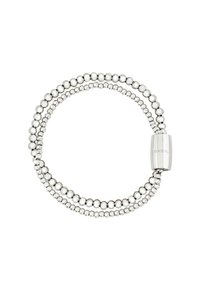 Hopeinen helmikoru, jossa on kolme riviä vuorottelevia sileitä ja tekstuuripintaisia helmiä, joka on kiinnitetty sylinterimäisellä lukolla, jossa on kaiverrettu "BREIL".