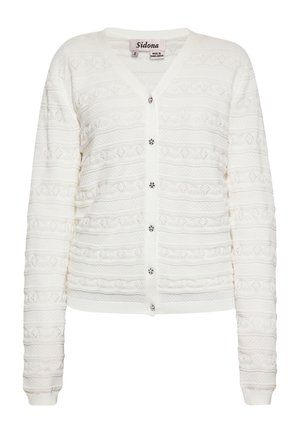 Cardigan alb cu un design tricotat texturat, de tip V, cu mâneci lungi. Se fixează cu nasturi decorativi în față.