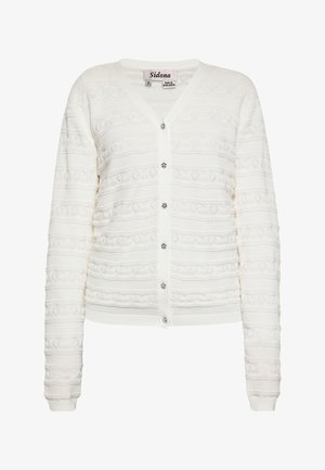 Witte cardigan met een textuur breisel, V-hals en lange mouwen. Bevestigd met decoratieve knopen aan de voorkant.