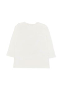 Biała koszula z długim rękawem i okrągłym dekoltem, z marszczonym detalem z tyłu. Miękka faktura i prosty design bez wzorów.