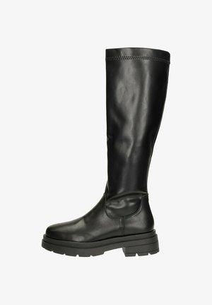 Black knee-high boots made of smooth leather, featuring a thick rubber sole, round toe, and minimal stitching detail at the collar.