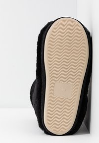 Black fuzzy slipper with a textured upper and rubber outsole. Size label "40" visible on the sole, which features a wavy pattern.