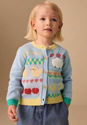 Niño pequeño que lleva un cárdigan azul pastel con patos amarillos, corazones rojos, manzanas, flores y una oveja blanca, combinado con pantalones azules.