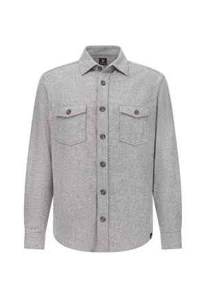 Szara flanelowa koszula z zapięciem na guziki z przodu, dwoma kieszonkami na piersi i klasycznym kołnierzykiem. Wykonana z teksturowanej tkaniny z ciemnymi guzikami.