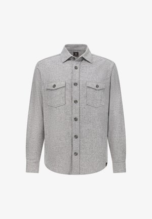 Šedá flanelová košile s knoflíkovým zapínáním vpředu, dvěma náprsními kapsami a klasickým límcem. Vyrobena z strukturované tkaniny s tmavými knoflíky.