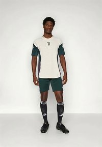 T-skjorte og shorts sett i lys grå og mørk grønn, med en teksturert mønster, logo på brystet, og detaljerte ermer. Svarte sokker med striper.