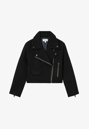 Schwarze, cropped Motorradlederjacke aus einer Wollmischung, mit silberfarbenen Reißverschlüssen, doppelreihigem Kragen und einer Fronttasche. Strukturiertes Finish.