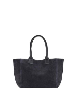 Sac cabas en daim noir avec deux anses en cuir arrondies et détails simples cousus.