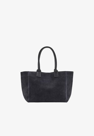 Sac cabas en daim noir avec deux anses en cuir arrondies et détails simples cousus.
