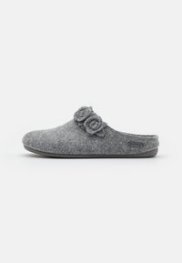 Gray felt slipper with two fabric rose accents on the upper. Rounded shape and textured surface. Rubber outsole for stability.