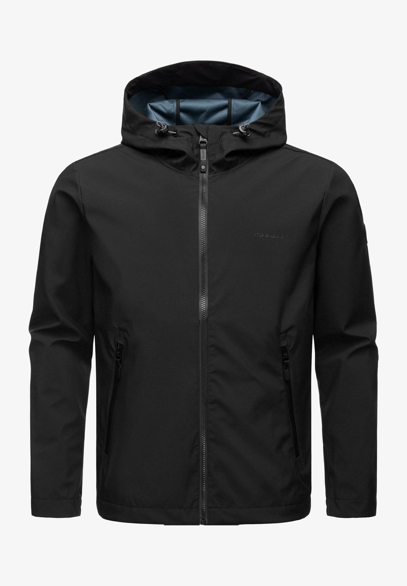 Black waterproof jacket with a zip front, adjustable hood, and dual side pockets. Smooth texture and lightweight design, suitable for various conditions.