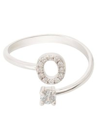 Silver ring featuring an oval design with diamond-like accents, and a central faceted gemstone set in a prong setting. Smooth band.