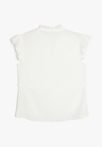 White sleeveless blouse with ruffled collar and arm openings, tailored fit, shown from the back on a plain background.