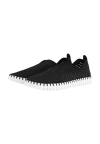 Schwarze Slipper mit perforiertem Obermaterial, weißer Gummisohle und strukturiertem Rand. Leichtes Design, geeignet für den Freizeitgebrauch.