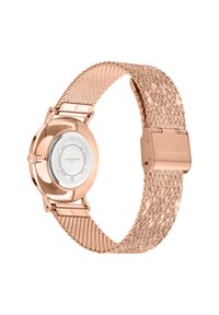 Rosegold-Mesh-Armbanduhr mit rundem Gehäuse, silbernem Zifferblatt, strukturiertem Band und Schnallenverschluss. Die Rückseite zeigt den Markennamen und die Wasserdichtigkeit.