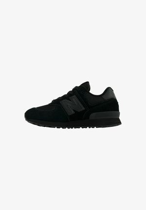 Black athletic sneaker with suede and mesh upper, featuring a prominent "N" logo, textured accents, and a rubber sole.